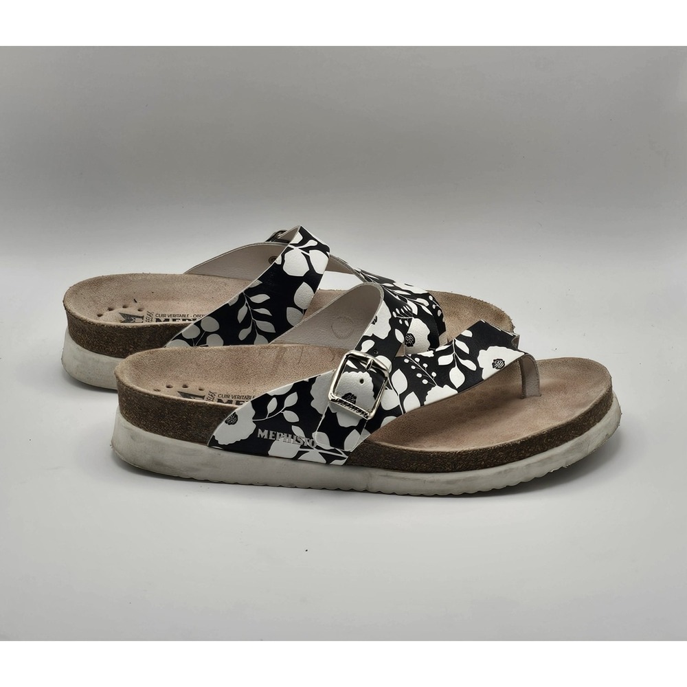 Mephisto Womens HELEN Floral Black White Leather Toe Thong Sandals Sz 39
